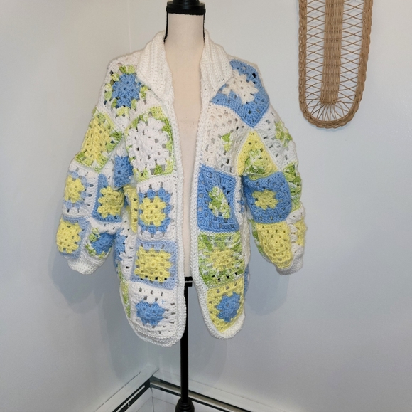 Crochet Boho Chunky Oversized Granny Square Pastel Handmade Blanket Cardigan - Picture 11 of 12